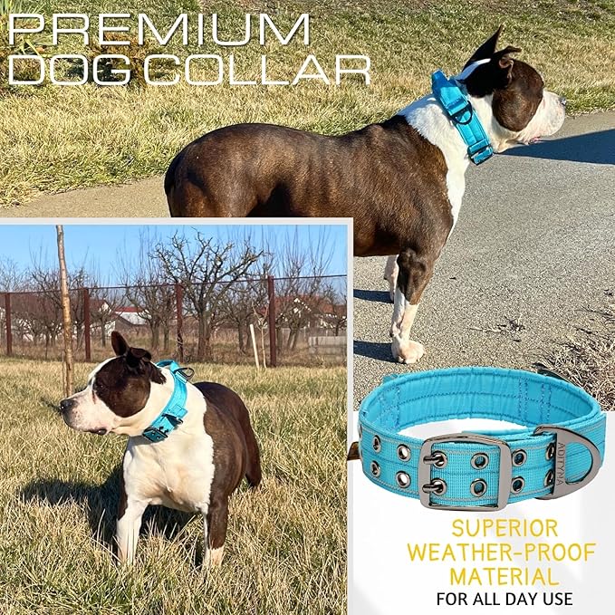 ADITYNA Heavy Duty Dog Collar for Extra-Large Dogs - Reflective Blue Collar with Handle for Training, and Walking - Wide, Thick, Tactical, Soft Neoprene Padded