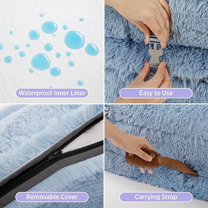LE SURE Foldable Human Dog Bed - 3 in 1 Flexible Giant Human Dog Bed for Adult People with Supportive Bolster Egg Foam, Waterproof Liner, Calming Fluffy Faux Fur Orthopedic Big Bean Bed, Baby Blue