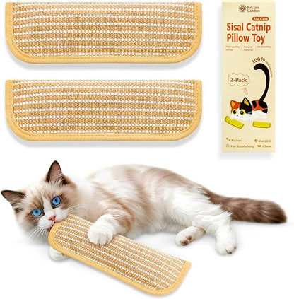 PetZen Garden Sisal Catnip Pillow Toy Kickers, 2 Pack Interactive Catnip Toys with Organic 8000mg Herbal Blend for Indoor Scratching, Chewing & Teething, Fun for Kittens and Adult Cats
