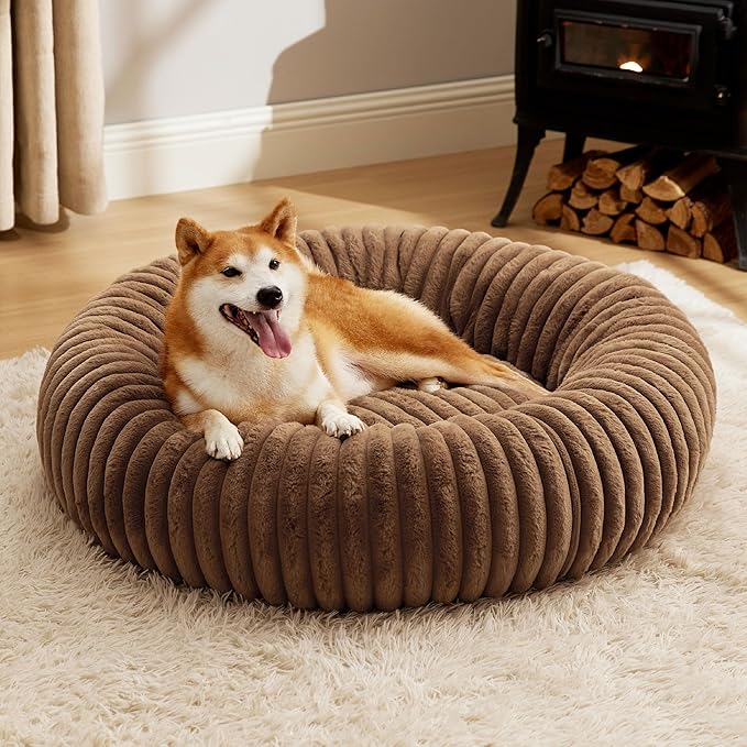 Bedsure ComfyFleece Donut Large Dog Bed - Washable Faux Fur with Corduroy Fleece & Anti Slip Bottom, Round Pet Bed with Removable Cover, Camel Brown, 36x36x8 inches