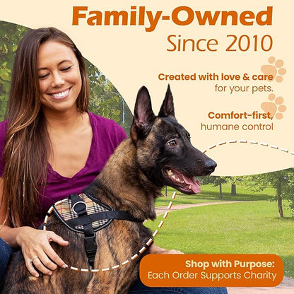 Bark Appeal Tan Plaid No-Pull Dog Harness for Extra Large Sized Pets – Adjustable, Reflective Vest with 3 Leash Clips for Added Control, Easy Walks & Training – XXL