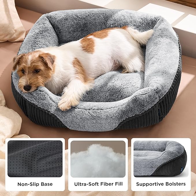 Bedsure Washable Dog Bed Small Dog＆Cat- Rectangle Fluffy Plush Kitten Puppy Bed, Comfy Corduroy Fleece and Nonskid Bottom,20x19x6inches,Suitable for Pet Up to 15lbs,Grey