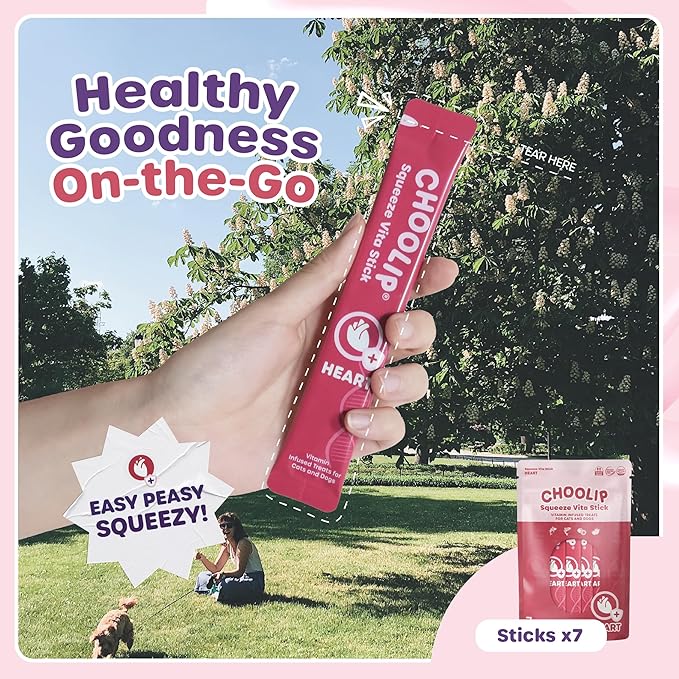 Choolip Squeeze Vita Stick Lickable Cat and Dog Treats, 7-Count Heart Support, Salmon and Tuna with CoQ10, Taurine and L-Carnitine, Grain-Free, Vet-Formulated