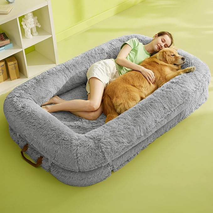 LE SURE Foldable Human Dog Bed - 3 in 1 Flexible Giant Human Dog Bed for Adult People with Supportive Bolster Egg Foam, Waterproof Liner, Calming Fluffy Faux Fur Orthopedic Big Bean Bed, Soft Grey
