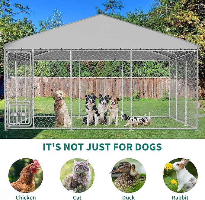 YITAHOME Outdoor Dog Kennel with Rotating Feeder Bowls & UV-Resistant Waterproof Cover, 14.8×14.8×7.9FT Outside Dog Enclosure for Yard, Heavy Duty Dogs Cage for Medium Large Dogs