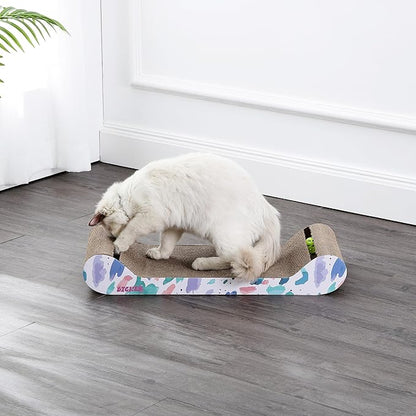 The LICKER Store CSR1003A Rini 23.75" Modern Cardboard Lounge Bed Cat Scratcher with Built-in Bell Toys and Catnip, White/Multi