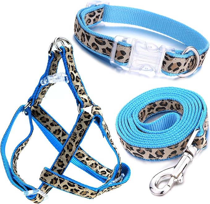 Mile High Life Leopard Dog Harness Collar Leash Set, Adjustable No Pull Dog Halter Harness for Small Breed Dogs, Easy Control for Training Walking (Blue, S Chest 11"-18", Neck 10"-14")