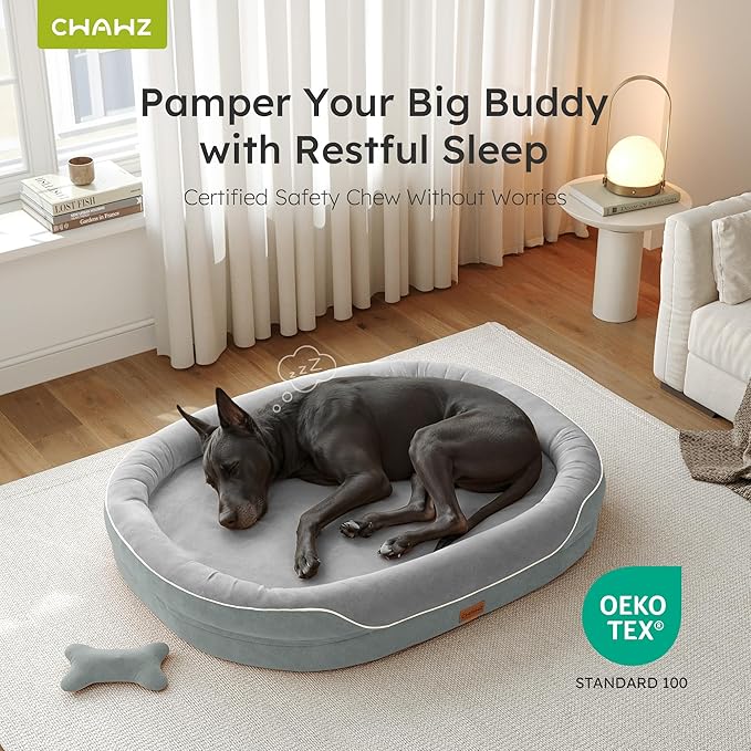 CWAWZ XXL Orthopedic Dog Bed, 53 in. Dog Bed for Large Sized Dogs with Full-Surround Bolsters, Dual-Sided Dog Cooling Beds with Memory Foam, Washable Pet Sofa Couch with Nonslip Bottom, Light Grey