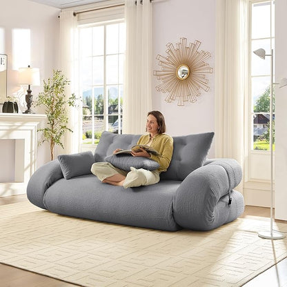 KEIKI 78.7" Foldable Human Dog Bed, 3-in-1 Multi-Functional Sleeper Sofa Bed, Teddy Fabric Foam-Filled Convertible Floor Couch for Living Room, Guest Room, Playroom, Grey