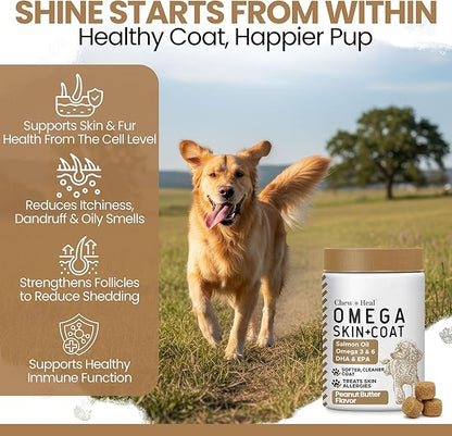 Omega for Dogs - 180 Delicious Soft Chews - Salmon Oil Treats for Skin and Coat, Itch Relief - Fish Oil Blend of Essential Fatty Acids, Omega 3, 6, and 9, and Vitamins - Peanut Butter Flavor