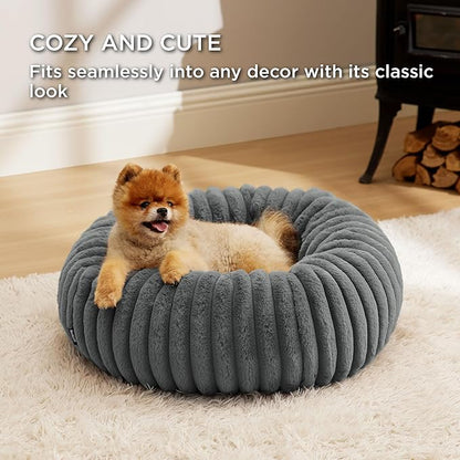 Bedsure ComfyFleece Donut Small Dog Bed - Dog Beds for Small Dogs with Corduroy Fleece & Anti Slip Bottom, Round Faux Fur Pet Beds with Washable Removable Cover, Warm Grey, 23x23x7 inches