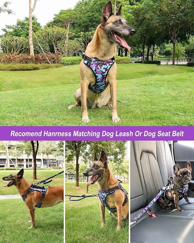 Hotsky Tactical Dog Harness No Pull，Adjustable Service Dog Vest Reflective Military Pet Harness with Control Handle Molle Loop Panels for Training Walking Running(Purple Camo, XL)