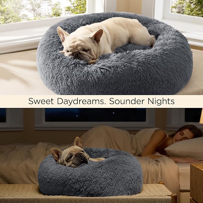 Bedsure Calming Dog Bed for Small Medium Dogs - Donut Washable Medium Pet Bed, 27 inches Anti-Slip Round Fluffy Plush Faux Fur Cat Bed, Dark Grey