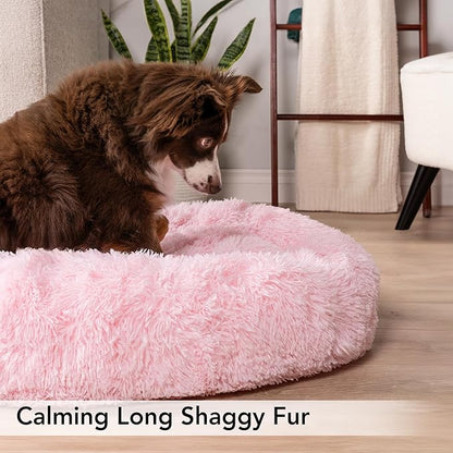 PetAmi Calming Dog Bed for Small & Medium Dogs and Cats, 30” Round Donut Dog Bed, Washable Fluffy Faux Fur Puppy & Cat Bed, Anti-Anxiety Plush Cuddler Pet Bed with Anti-Slip Bottom - Pink