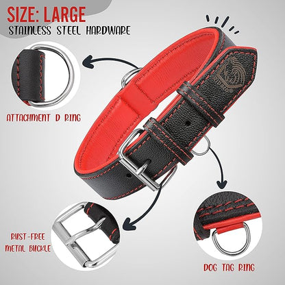 Riparo Adjustable Leather Dog Collar - Heavy Duty Wide Dog Collar for Small, Medium, Large and Extra Large Dogs with Dog Tag Holder (L: 1.5" Wide for 17"-21" Neck, Black/Red Thread)