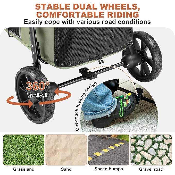 AOPEC Medium Dog Stroller, Dual Entry One-Touch Folding,Small and Medium Pet Stroller,360° Rotating Front Wheels,70 lbs Weight Capacity for Outdoor Travel and Elderly Dogs - Green