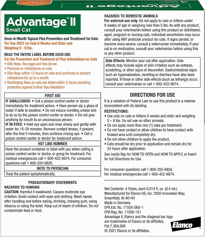 Advantage II Small Cat Vet-Recommended Flea Treatment & Prevention | Cats 5-9 lbs. | 4-Month Supply