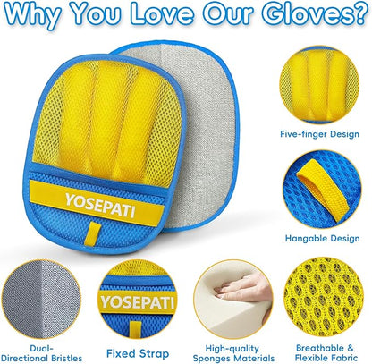 YOSEPATI Thickened Ectrostatic Pet Hair Removal Glove for Cat & Dog, Upgraded Five-Finger Reusable Magic Brush Pet Hair Remover Tool for Couch, Clothing, Carpet & Car Seat (2Pcs-Blue & Yellow)