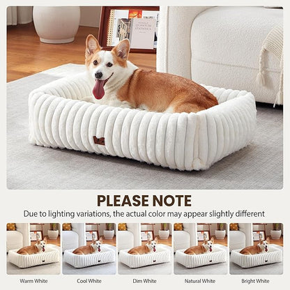Warmrest Washable Dog Bed for Small Medium Dogs - Rectangle Orthopedic Corduroy Fleece Pet Bed with Removable Cover and Nonskid Bottom, Calming Puppy Bed Soft Pet Sofa, Cream(35x25x9inchs)