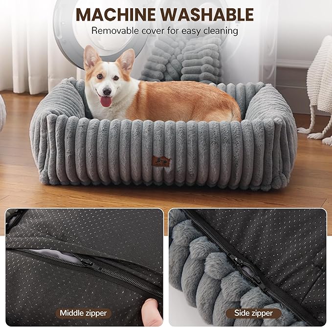 Warmrest Washable Dog Bed for Small Medium Dogs - Rectangle Orthopedic Corduroy Fleece Pet Bed with Removable Cover and Nonskid Bottom, Calming Puppy Bed Soft Pet Sofa, Grey(35x25x9inchs)