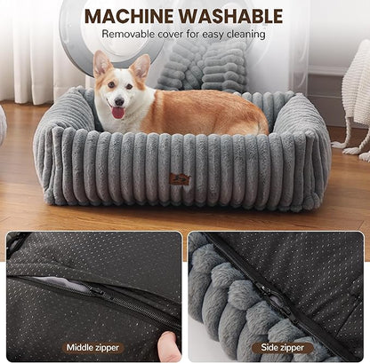 Warmrest Washable Dog Bed for Small Medium Dogs - Rectangle Orthopedic Corduroy Fleece Pet Bed with Removable Cover and Nonskid Bottom, Calming Puppy Bed Soft Pet Sofa, Grey(35x25x9inchs)