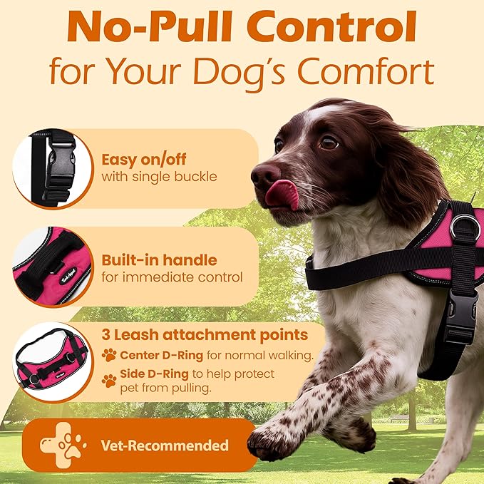 Bark Appeal Pink No-Pull Dog Harness for XS to Small Sized Pets – Adjustable, Reflective Vest with 3 Leash Clips for Added Control, Easy Walks & Training – Small