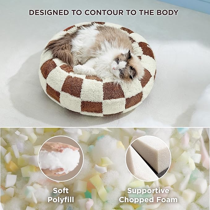 LE SURE Donut Cat Beds for Indoor Cats - Gift for Pets with Washable Cover, Cute Modern Puppy Beds with Jacquard Shaggy Plush & Anti Slip Bottom, 20 Inch, Brown