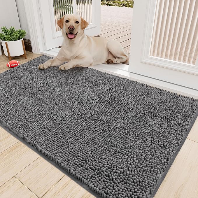 Amyracel Absorbent Dog Door Mat for Muddy Paws, 60" x 24" Non Slip Washable Door Mat Indoor Entrance, Quick Dry Chenille Pet Entry Rugs for Entryway Indoor, Grey
