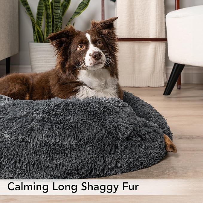 PetAmi Calming Dog Bed for Small & Medium Dogs and Cats, 23” Round Donut Dog Bed, Washable Fluffy Faux Fur Puppy & Cat Bed, Anti-Anxiety Plush Cuddler Pet Bed with Anti-Slip Bottom - Dark Gray