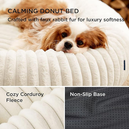 Bedsure ComfyFleece Donut Small Dog Bed - Dog Beds for Small Dogs with Corduroy Fleece & Anti Slip Bottom, Round Faux Fur Pet Beds with Washable Removable Cover, Cream, 27x27x8 inches