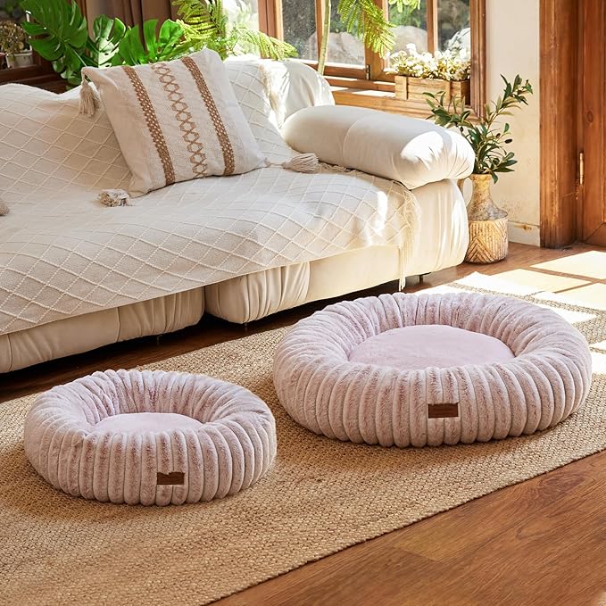 FUKUMARU Dog Bed, Calming Donut Dog Beds for Anxious Dogs, Modern Aesthetic Cat Bed with Gradient Print, Cute Round Pet Beds with Washable Cover, Orthopedic Puppy Bed, Camel, Medium, 30 inches