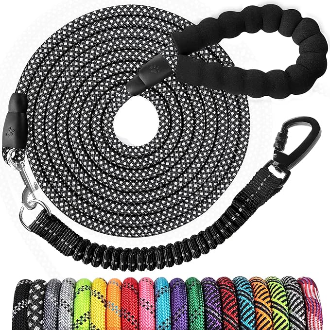 jenico Long Dog Leash 20FT: Heavy Duty Rope Leashes for Dogs Training with Swivel Lockable Hook Reflective Threads Bungee and Padded Handle - Dog Lead for Large Small Medium Dogs Outside Walking