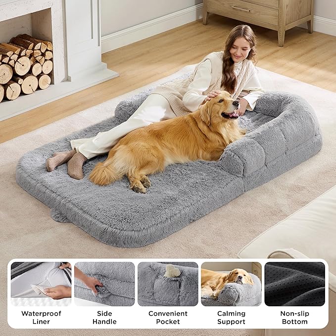 Bedsure Foldable Human Dog Bed -Giant Dog Bed for Adult People with Supportive Bolster Egg Foam, Waterproof Liner, Calming Fluffy Faux Fur Orthopedic Big Bean Bed, Light Grey