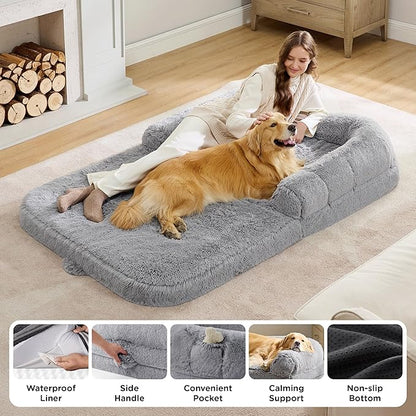 Bedsure Foldable Human Dog Bed -Giant Dog Bed for Adult People with Supportive Bolster Egg Foam, Waterproof Liner, Calming Fluffy Faux Fur Orthopedic Big Bean Bed, Light Grey