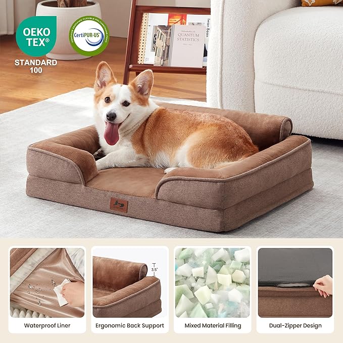Warmrest Orthopedic Dog Beds for Large Sized Dogs, Waterproof Egg-Crate Foam Pet Couch Bed with Soft Sides, Non-Slip Dog Sofa with Flannel Removable Washable Cover, 35" L Supportive Pet Sofa, Brown