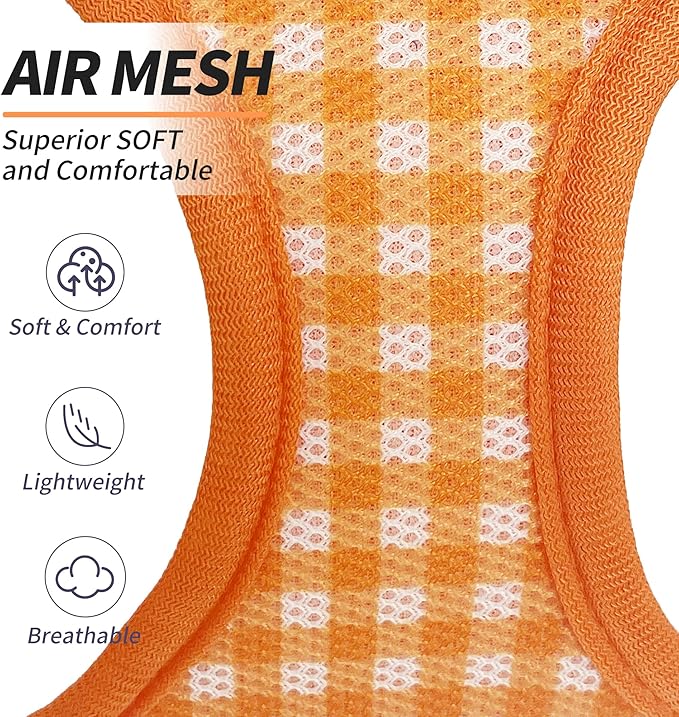 AIITLE Plaid Print Dog Harness Set – Lightweight, Reflective & Adjustable Vest Harness for Puppies – Perfect for Boston Terriers, Maltese & Indoor/Outdoor Use (XS, Orange)