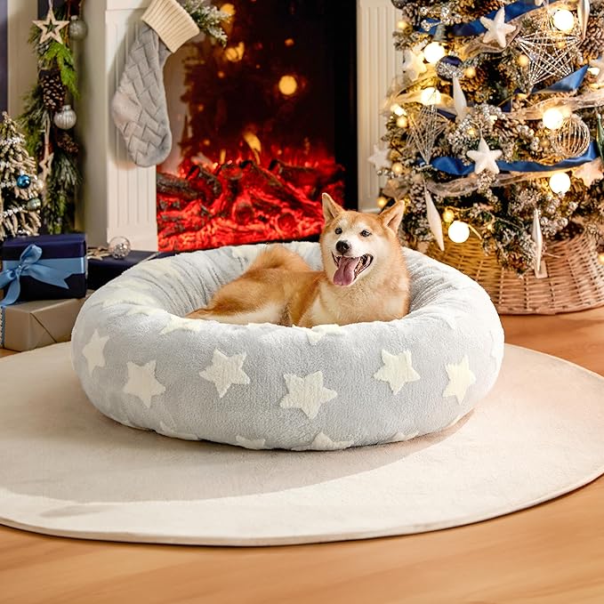 LE SURE Donut Large Dog Bed - XL Round Cat Beds Indoor Anti-Anxiety Calming Gift for Pets, Washable Cute Modern Beds with Jacquard Shaggy Plush & Anti Slip Bottom, 36 Inch, Christmas Grey