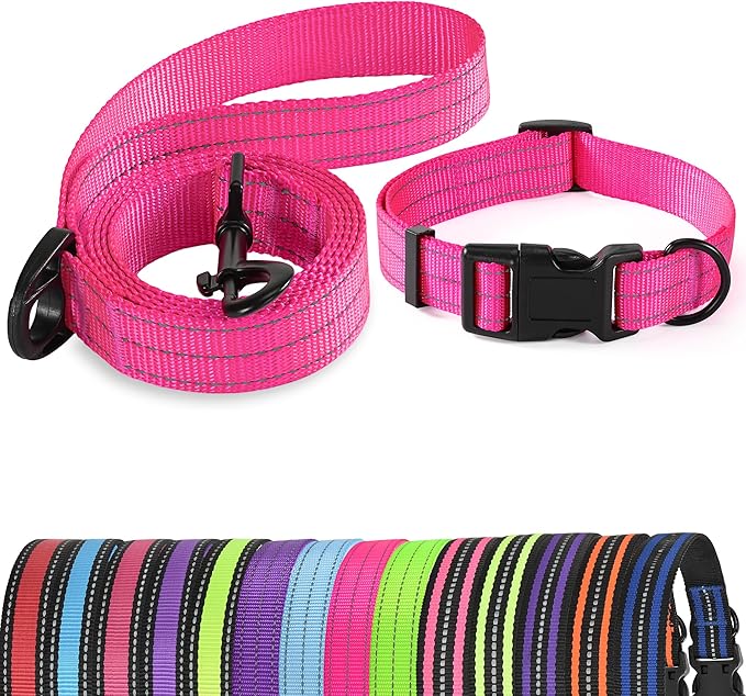 Mile High Life | Reflective Dog Collar Leash Set | Small Medium Dog Collar Leash Adjustable (Reflective Solid Pink, Large (Pack of 2))