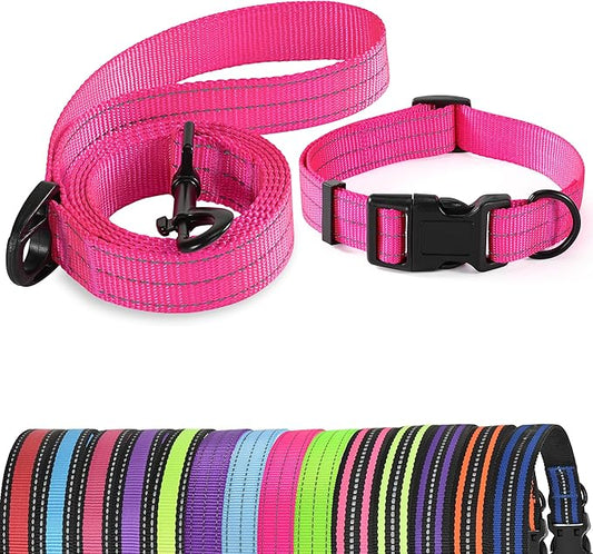 Mile High Life | Reflective Dog Collar Leash Set | Small Medium Dog Collar Leash Adjustable (Reflective Solid Pink, Large (Pack of 2))
