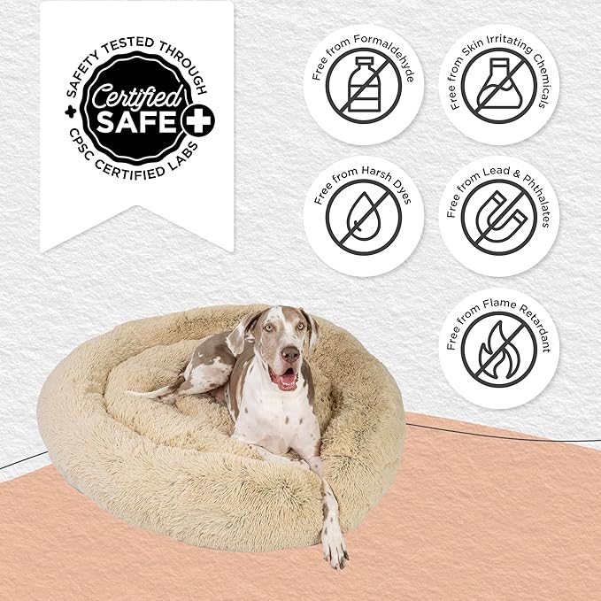 Best Friends by Sheri The Original Calming Donut Dog Bed – Washable Plush Pet Bed for XXL Breeds up to 210 lbs, Shag Faux Fur, Taupe, XXL (54" x 54")