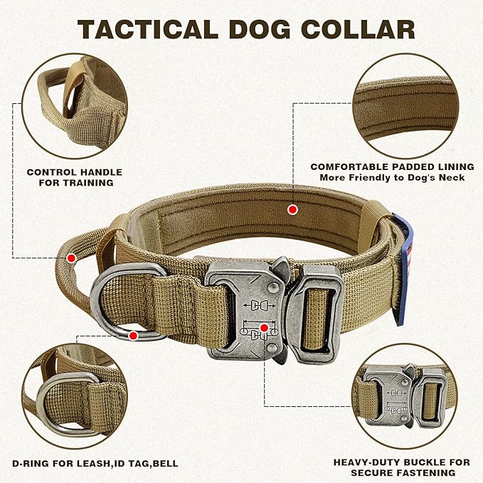 Tactical Dog Collar and Bungee Leash, Camo Military Dog Collar & Leash Set with USA American Flag Adjustable K9 Collar with Heavy Duty Metal Buckle & Handle,with Patches and Airtags Case (XL, Brown)