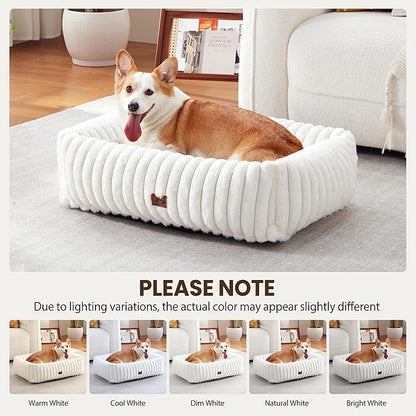 Warmrest Washable Dog Bed for Small Medium Dogs - Rectangle Orthopedic Corduroy Fleece Pet Bed with Removable Cover and Nonskid Bottom, Calming Puppy Bed Soft Pet Sofa, Cream(30x24x8inchs)