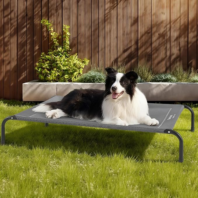 Bedsure Outdoor Elevated XL Dog Bed, Portable Indoor & Outdoor Cooling Raised Cot Pet Hammock Bed with Skid-Resistant Feet, Frame with Breathable Mesh, Grey, 54 inches