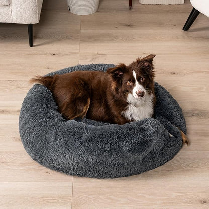 PetAmi Calming Dog Bed for Small & Medium Dogs and Cats, 30” Round Donut Dog Bed, Washable Fluffy Faux Fur Puppy & Cat Bed, Anti-Anxiety Plush Cuddler Pet Bed with Anti-Slip Bottom - Dark Gray