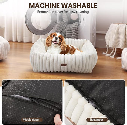 Warmrest Washable Dog Bed for Small Medium Dogs - Rectangle Orthopedic Corduroy Fleece Pet Bed with Removable Cover and Nonskid Bottom, Calming Puppy Bed Soft Pet Sofa, Cream(25x21x7inchs)