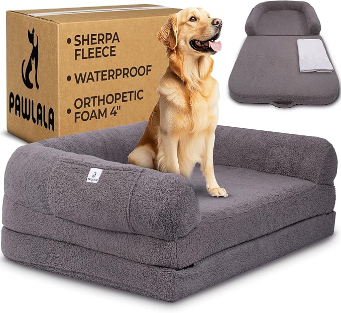 2 in 1 Human Dog Bed for Adult Foldable – Waterproof, Orthopedic Foam, Machine Washable Sherpa Cover, Non-Slip Base – Human Size Dog Bed (Dolphin Gray, 72x44x11)