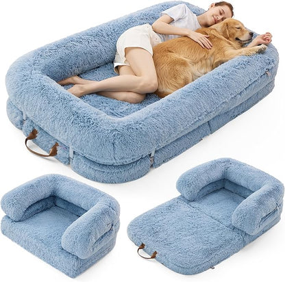 LE SURE Foldable Human Dog Bed - 3 in 1 Flexible Giant Human Dog Bed for Adult People with Supportive Bolster Egg Foam, Waterproof Liner, Calming Fluffy Faux Fur Orthopedic Big Bean Bed, Baby Blue