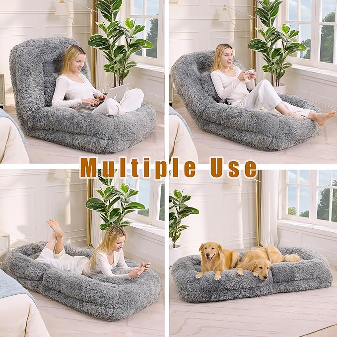 KEIKI 69" Upholstered Human Dog Bed for Adults, Foldable Plush Faux Fur Lazy Sofa Bed with 5 Adjustable Positions and a Pillow, Giant Human Size Dog Bed for People, Light Gray