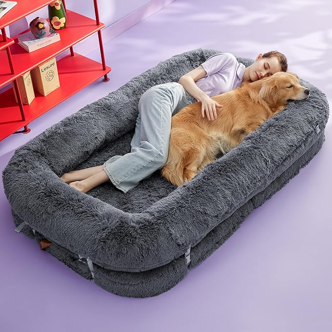 LE SURE Foldable Human Dog Bed - 3 in 1 Flexible Giant Human Dog Bed for Adult People with Supportive Bolster Egg Foam, Waterproof Liner, Calming Fluffy Faux Fur Orthopedic Big Bean Bed, Charcoal
