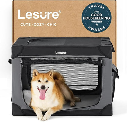 Lesure Shown on TODAY Show Soft Collapsible Dog Crate - 30 Inch Portable Travel Crate for Medium Dogs Indoor & Outdoor, 4-Door Foldable Pet Kennel with Mesh Windows, Black